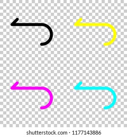 Simple arrow, backward. Navigation icon. Linear symbol with thin line. One line style. Colored set of cmyk icons on transparent background