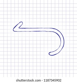 Simple arrow, backward. Navigation icon. Linear symbol with thin line. One line style. Hand drawn picture on paper sheet. Blue ink, outline sketch style. Doodle on checkered background