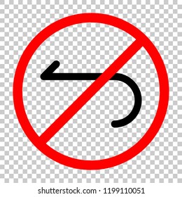 Simple arrow, backward. Navigation icon. Linear symbol with thin line. One line style. Not allowed, black object in red warning sign with transparent background