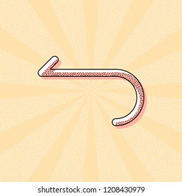 Simple arrow, backward. Navigation icon. Linear symbol with thin line. One line style. Vintage retro typography with offset printing effect. Dots poster with comics pop art background