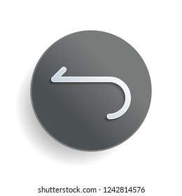 Simple arrow, backward. Navigation icon. Linear symbol with thin line. One line style. White paper symbol on gray round button or badge with shadow