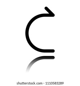 Simple arrow, forward. Linear, thin outline. Black icon with mirror reflection on white background