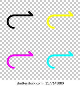 Simple arrow, forward. Navigation icon. Simple arrow, backward. Navigation icon. Linear symbol with thin line. One line style. Colored set of cmyk icons on transparent background
