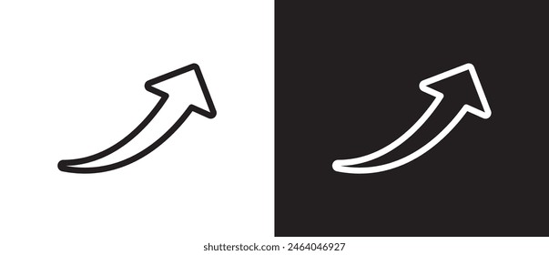 Icono de flecha hacia arriba simple. Signo del gráfico de crecimiento. La música es signo de marca, estadística de indicación de flecha flexible. Negociando impulsos de noticias bursátiles. Infografía comercial. Flecha de curva negra de tendencia en transparente.