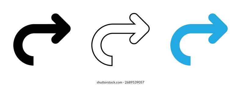Conjunto de iconos de flecha simple que muestra el cambio de dirección y el flujo, conjunto de ilustración de flechas curvas que apuntan hacia abajo 