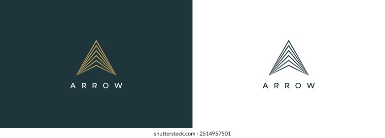 Simple Arrow Up Logo Image. Gold Geometric Arrow Shape Striped Lines Style Isolated On Dual Background. Flat Vector Logo Design Template Element Usable for Business and Branding Logos.