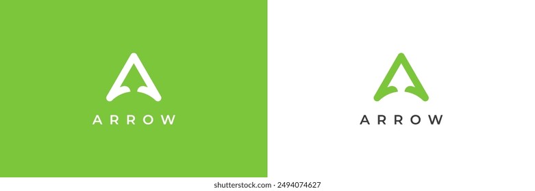 Simple Arrow Up Logo Image. Green Geometric Arrow Shape Line Style isolated on Dual Background. Flat Vector Logo Design Template Element Usable for Business and Branding Logos.