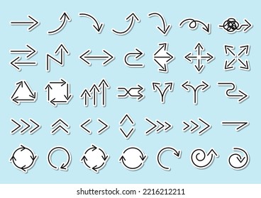 Simple arrow set made of lines. Sticker style. Vector illustration.