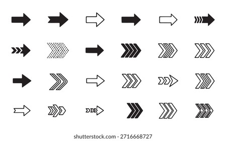 Formas de seta simples e designs para uso gráfico, com pontas de seta sólidas e contornadas.