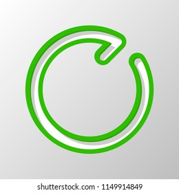 Simple arrow, update, reload, clockwise direction, forward. Navigation icon. Linear symbol with thin line. One line style. Paper style. Cut symbol with green bold contour on shape and simple shadow