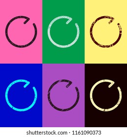 Simple arrow, update, reload, clockwise direction, forward. Navigation icon. Linear symbol with thin line. One line style. Pop art style. Scratched icons on 6 colour backgrounds. Seamless pattern