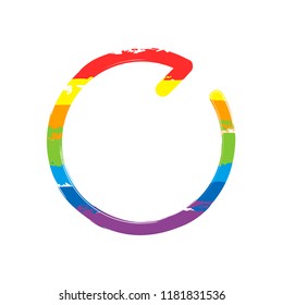 Simple arrow, update, reload, clockwise direction, forward. Navigation icon. Linear symbol with thin line. One line style. Drawing sign with LGBT style, seven colors of rainbow