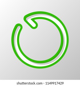 Simple arrow, update, reload, counterclockwise direction, backward. Navigation icon. Linear symbol with thin line. Paper style. Cut symbol with green bold contour on shape and simple shadow