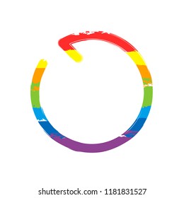 Simple arrow, update, reload, counterclockwise direction, backward. Navigation icon. Linear symbol with thin line. One line style. Drawing sign with LGBT style, seven colors of rainbow 