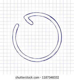 Simple arrow, update, reload, counterclockwise direction, backward. Navigation icon. Linear symbol with thin line. One line style. Hand drawn picture on paper sheet. Blue ink, outline sketch style.