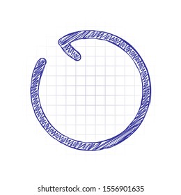 Simple arrow, update, reload, counterclockwise direction, backward. Navigation icon. One line style. Hand drawn sketched picture with scribble fill. Blue ink. Doodle on white background