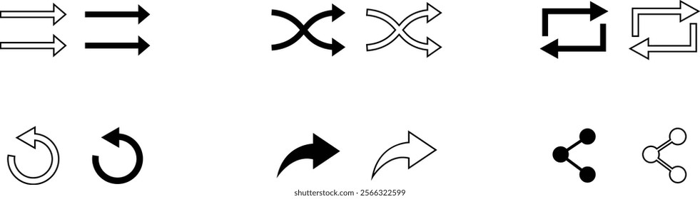 Simple arrows transmit sharing icon set. Depicting data exchange pointing in both directions vector collection isolated on transparent background. download and upload buttons for mobile and web apps