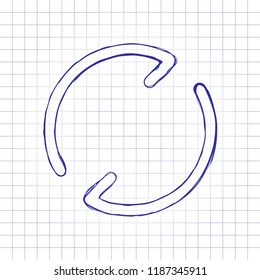 Simple arrows, update, reload. Navigation icon. Linear symbol with thin line. One line style. Hand drawn picture on paper sheet. Blue ink, outline sketch style. Doodle on checkered background
