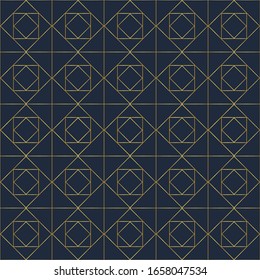 Simple art deco pattern. Golden square contoured ornaments. Dark blue background. Diamond elements texture. Tracery wallpaper. Linear geometric motif. Elegant luxury print on textile, linen, card.