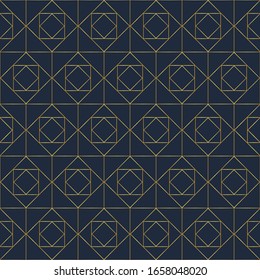 Simple art deco pattern. Golden square contoured ornaments. Dark blue background. Diamond elements texture. Tracery wallpaper. Linear geometric motif. Elegant luxury print on textile, linen, card.
