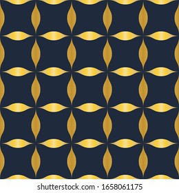 Simple art deco pattern. Golden round ornaments on dark blue background. Curved elements texture. Tracery wallpaper. Abstract petal, floral geometric motif. Elegant luxury print for textile, linen.