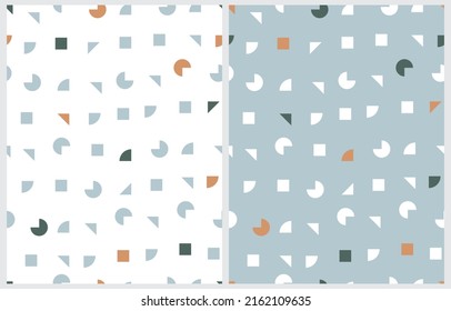 Simple Art Deco Style Geometric Vector Pattern with Squares, Triangles and Circles Isolated on a White and Light Blue Background. Modern Abstract Vector Print ideal for Fabric, Textile. Cool Pattern.