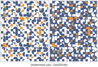 Einfaches geometrisches Vektormuster im Art-Deco-Stil mit Quadraten, Dreiecken und Kreisen einzeln auf weißem und dunkelblauem Hintergrund. Moderner abstrakter Vektordruck ideal für Stoffe, Textilien. Cool Muster.
