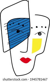 Simple art design concept. Abstract geometrical drawing of face with red lips and bright blue and yellow spots. Minimalistic elegant style in black and white. Vector illustration