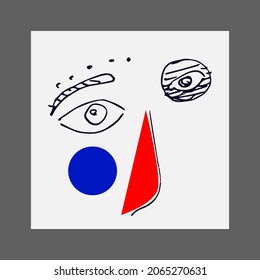 Simple art design concept. Abstract line drawing eyes, red nose, and blue circle. Hand-drawn avant-garde vector illustration, minimalist  elegant style in black and white. 