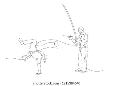 Simple art line of capoeira fighter and man playing on berimbau. Contour Isolated on white. vector illustration