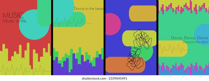 Simple art music design. Pastel colors, simple shapes. Set of flat vector illustrations. Posters, covers and prints. Music design and vectorized illustrations on the black background.