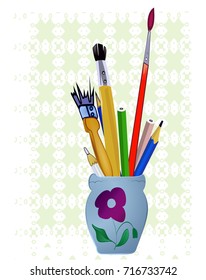 Simple art set in pot on an abstract background, pencils, brushes. Vector illustrator