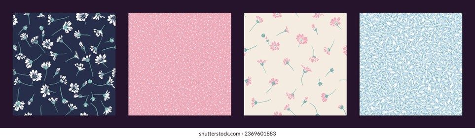 Simple, artistic, abstract flowers seamless patterns. Vector hand drawn shape, silhouettes flowers, spots, dot.Templates for design, fabric, fashion, textile