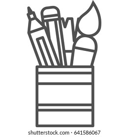 Simple artistic and hobby Vector line art Icon. Pot with markers, pencils and brushes for drawing and painting. line art style icon. 48x48 Pixel Perfect.
