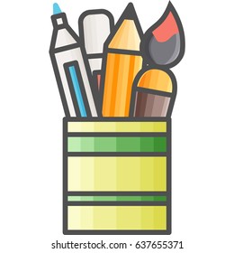 Simple artistic and hobby Vector Flat Icon. Pot with markers, pencils and brushes for drawing and painting. Flat style icon. 48x48 Pixel Perfect.
