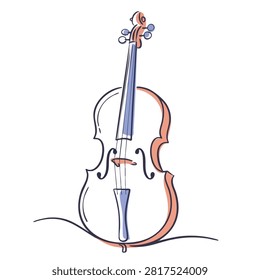 A simple artistic line drawing of a cello string instrument isolated on a white background with subtle watercolor accents