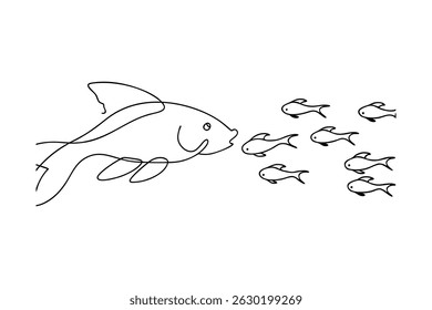 Simple artistic line drawing of a large fish looking at a school of smaller fish