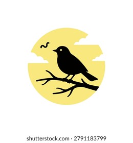 Simple and artistic logo featuring a bird silhouette on a branch against a yellow sun, ideal for nature-focused brands or cafes.