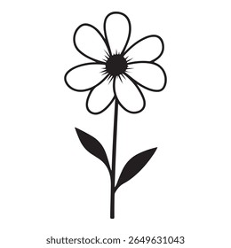 Simple artistic rendering of a black and white flower with detailed center, petals, stem, and leaves, offering a clean botanical element with a transparent background.