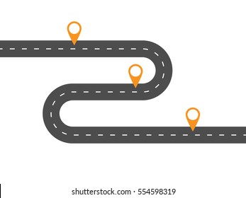 Simple asphalt winding road with pinpointers. Template for some steps or actions. Vector EPS 10