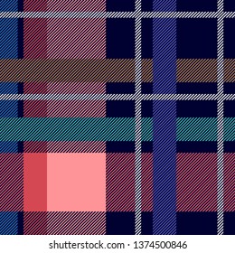 Simple asymmetric textile print with checkers and stripes. Trendy fabric design Scottish motifs. Seamless vector pattern with classical palette. Template for plaids, shirts, dresses. Purple, blue.