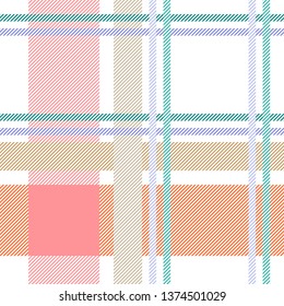 Simple asymmetric textile print with checkers and stripes. Trendy fabric design Scottish motifs. Seamless vector pattern with classical palette. Template for plaids, shirts, dresses. White, pink.