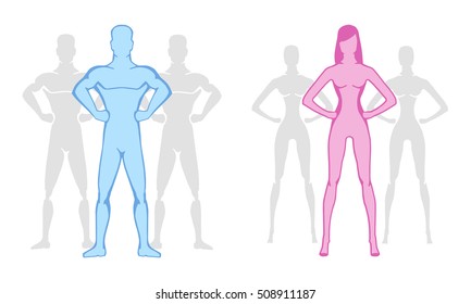 健康な男女の体型を表した シンプルで運動的で様式化されたイラスト 自信のあるポーズをした女性と男性のリーダーシップの特徴 白い背景イラスト 雄と雌の象徴 のベクター画像素材 ロイヤリティフリー