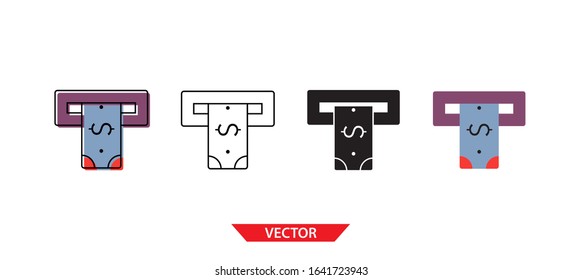 Simple ATM cash withdrawal icon on white background 4 types such as outline, black, color, outline and color. Vector illustration.