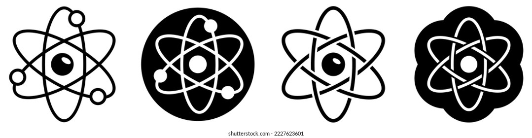 Simple atom sign - three interlocked ellipses representing orbits with smaller ball in centre, black and white version