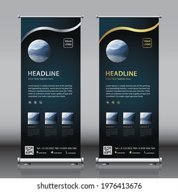 simple attractive vertical roll up banner design template vector with image title and description. editable colors and photo