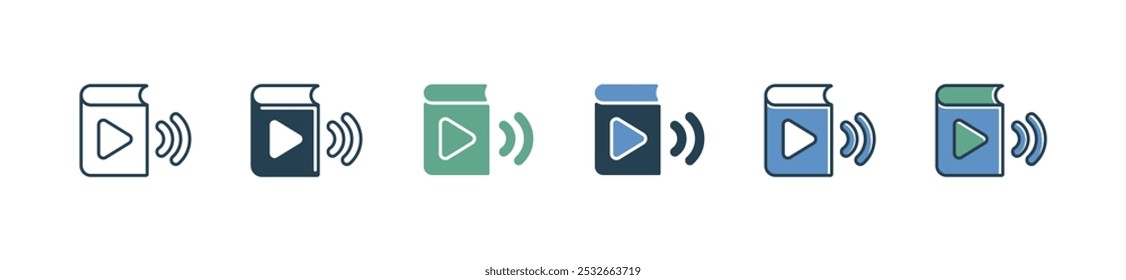 simples áudio livro ícone conjunto e-book com alto-falantes jogar audição online curso de mídia podcast escola educação vetor ilustração digital aprendizagem sinais para web e app