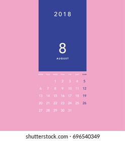 Simple August 2018 calendar. Week starts from Monday.