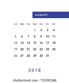 Simple August 2018 calendar. Week starts from Sunday.