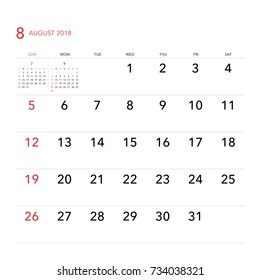 Simple August 2018 calendar. Week starts from Sunday.